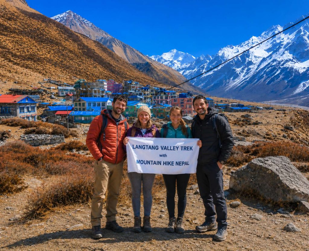 Trekkers holding Mountain Hike Nepal banner during Langtang Valley Trek near Kyanjin Gompa in Nepal