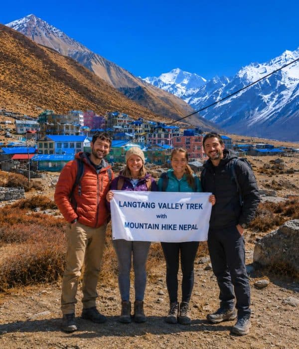 Trekkers holding Mountain Hike Nepal banner during Langtang Valley Trek near Kyanjin Gompa in Nepal