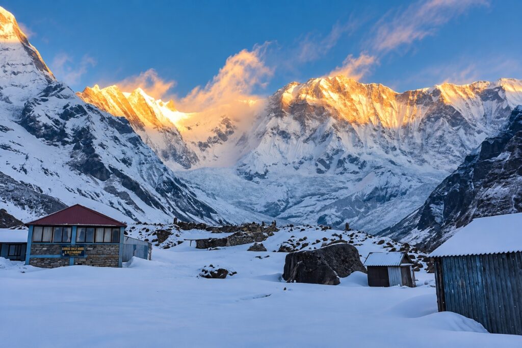 Snow-covered mountains and glacier valley at Annapurna Base Camp