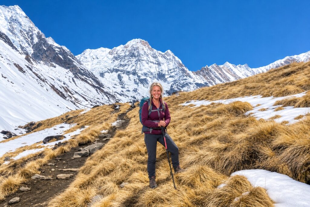 Trekker walking on the trail toward Annapurna Base Camp with snow-covered mountains