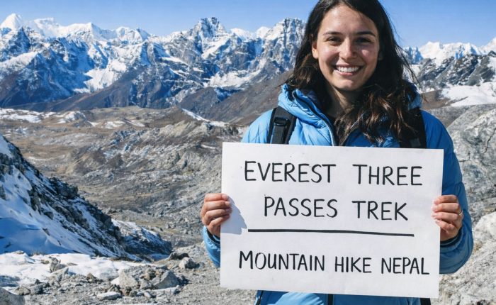 Trekker crossing Kongma La Pass on the Everest Three Passes Trek in Nepal