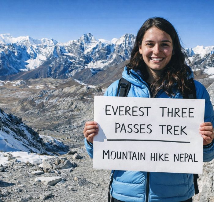 Trekker crossing Kongma La Pass on the Everest Three Passes Trek in Nepal