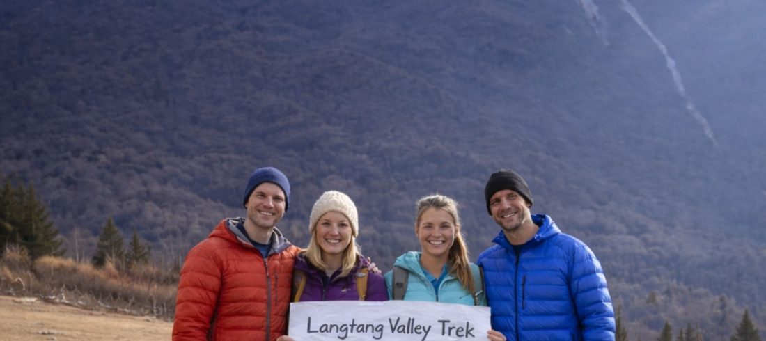 Langtang Valley Trek 2026 showing trekkers walking through Himalayan landscapes with snow-capped mountains and traditional villages
