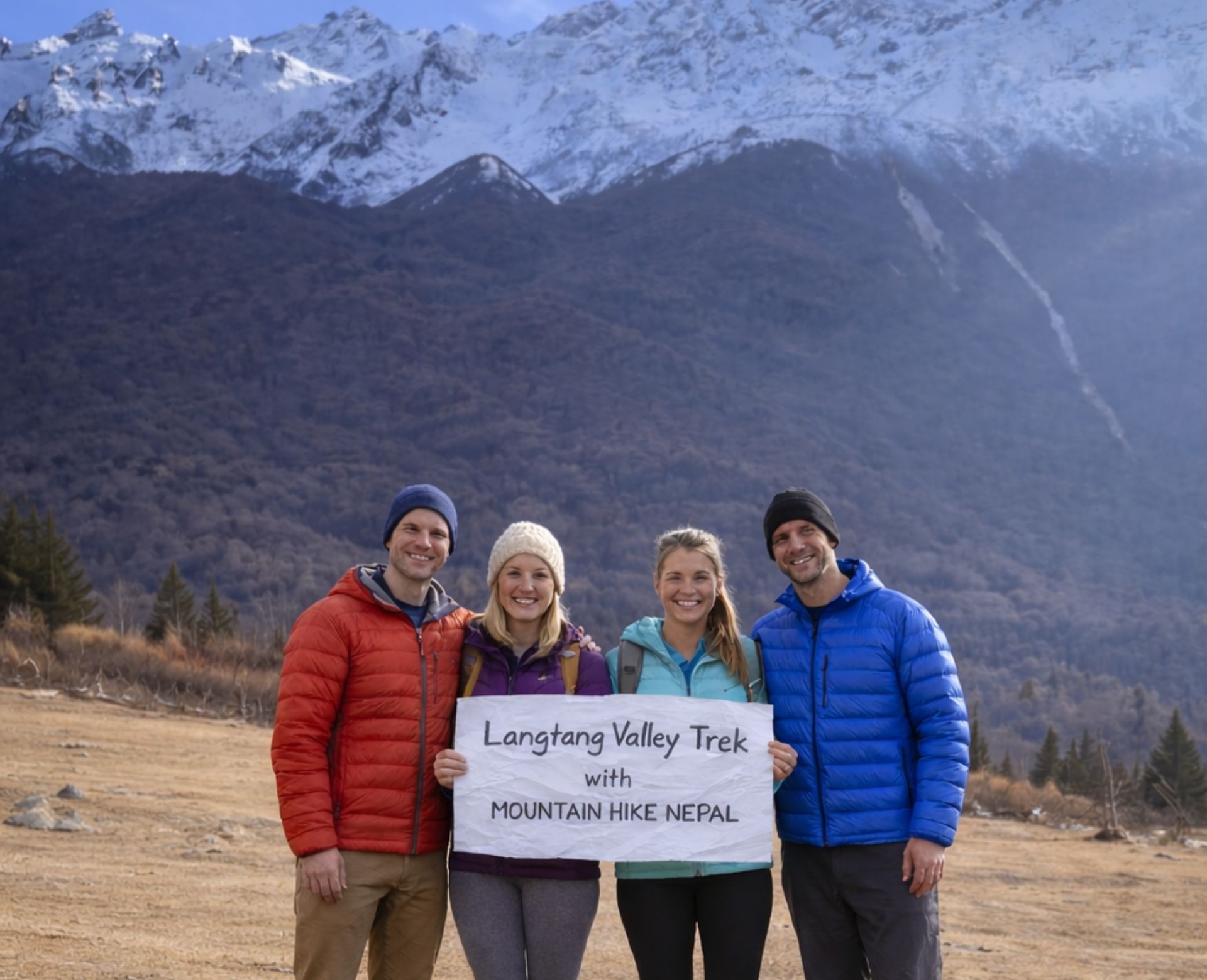 Langtang Valley Trek 2026 showing trekkers walking through Himalayan landscapes with snow-capped mountains and traditional villages