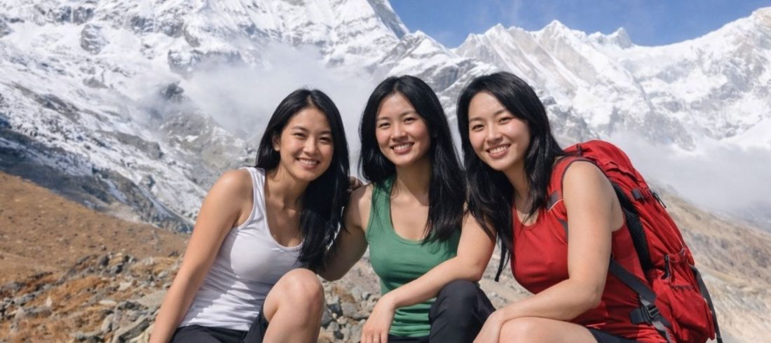 Trekking in Nepal 2026 with hikers enjoying mountain views on a scenic Himalayan trekking route