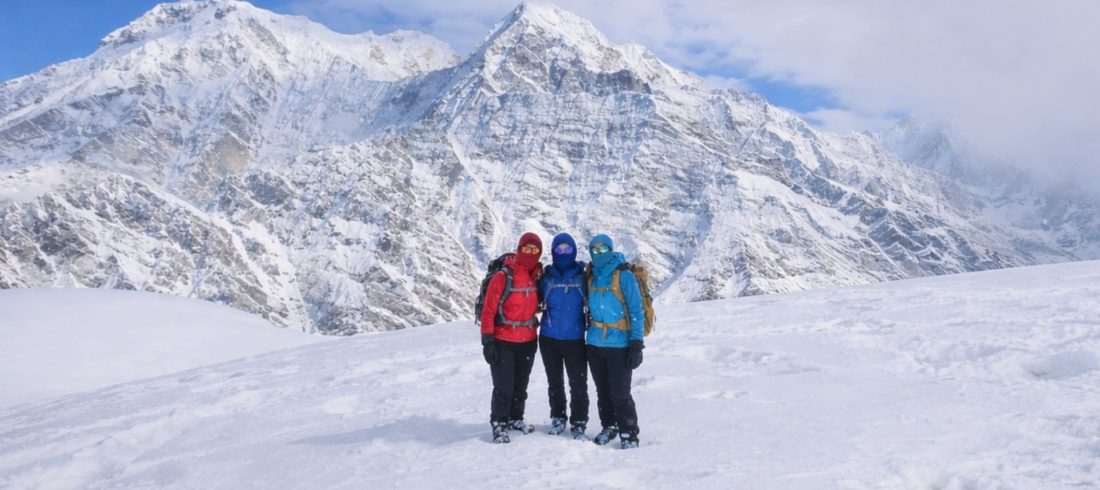 Winter trekking in Nepal showcasing snow-covered Himalayan trails, clear skies, and peaceful mountain landscapes during the off-season.