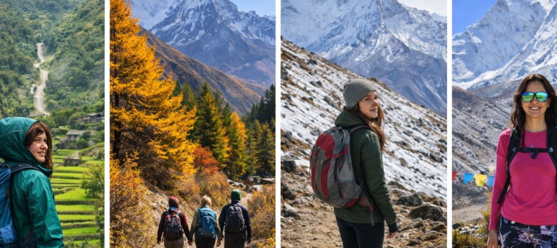 Best time to trek Nepal by region, showing seasonal trekking landscapes across Everest, Annapurna, Langtang, and Solu areas