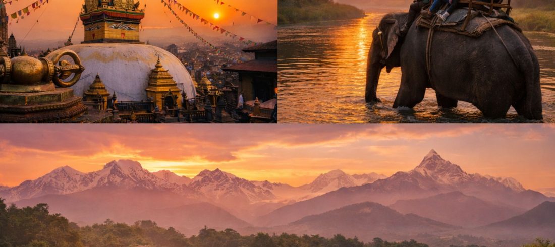 Best time to visit Nepal for culture and wildlife showing Kathmandu heritage, Chitwan elephant safari, and Himalayan landscapes
