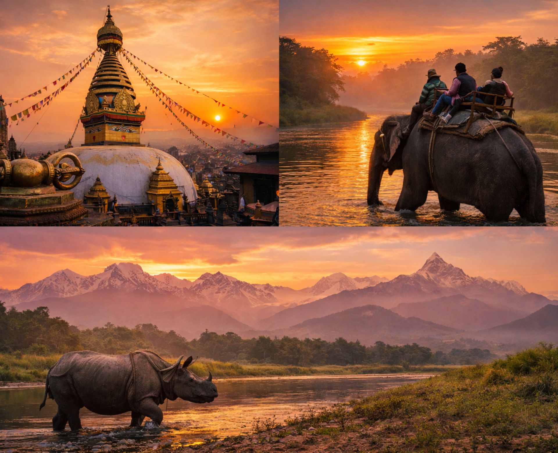 Best time to visit Nepal for culture and wildlife showing Kathmandu heritage, Chitwan elephant safari, and Himalayan landscapes