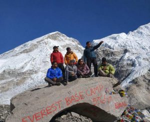 Everest Base Camp Trek in Nepal – Reaching the Foot of the World’s Highest Mountain Trekkers posing at the Everest Base Camp marker during the Everest Base Camp Trek in Nepal, surrounded by glaciers and Himalayan peaks.