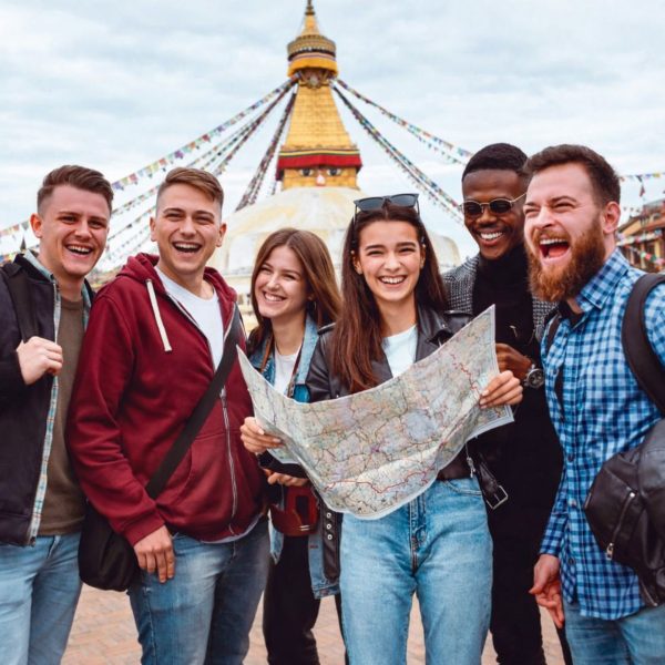 Travelers at Boudhanath Stupa during Nepal Golden Route Tour in Kathmandu