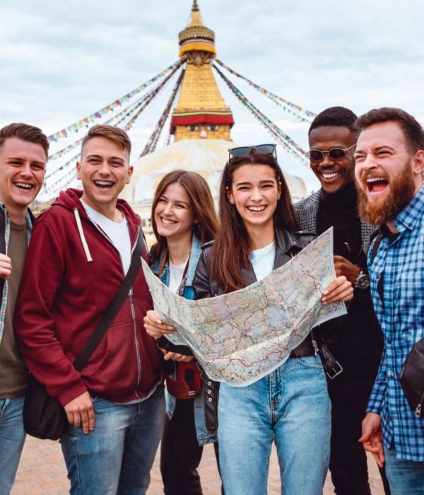 Travelers at Boudhanath Stupa during Nepal Golden Route Tour in Kathmandu