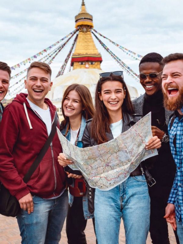 Travelers at Boudhanath Stupa during Nepal Golden Route Tour in Kathmandu