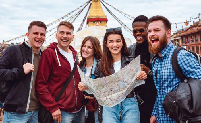 Travelers at Boudhanath Stupa during Nepal Golden Route Tour in Kathmandu