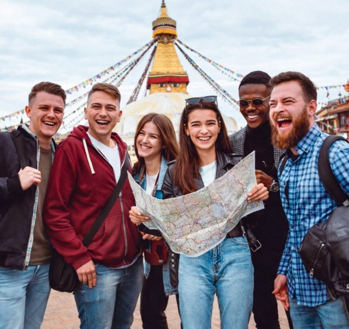 Travelers at Boudhanath Stupa during Nepal Golden Route Tour in Kathmandu