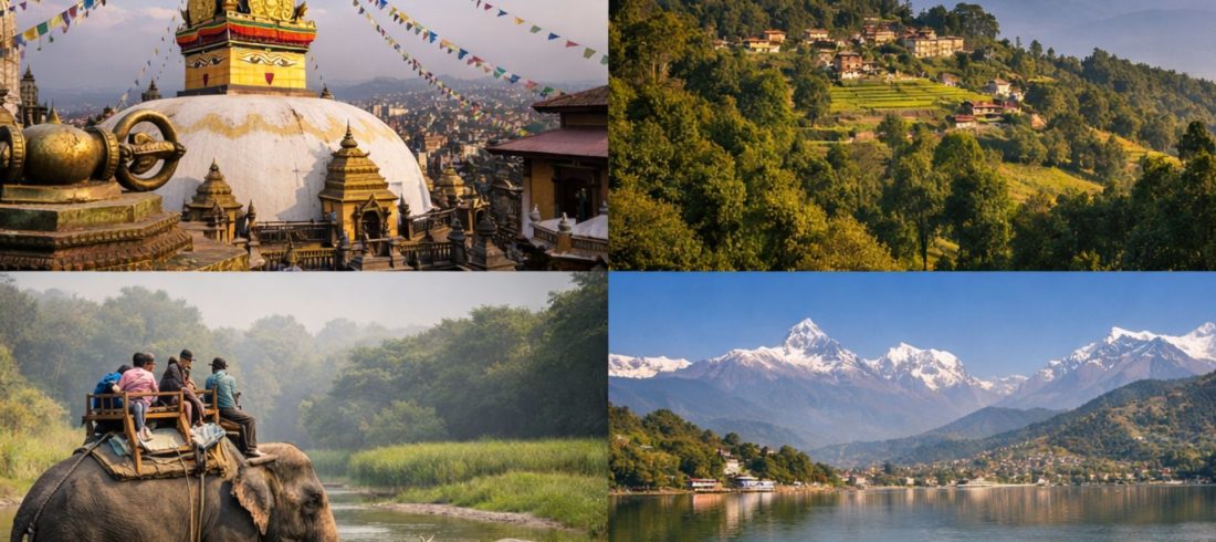 Nepal Golden Route Tour showing Kathmandu heritage, Chitwan wildlife safari, and Pokhara mountain scenery