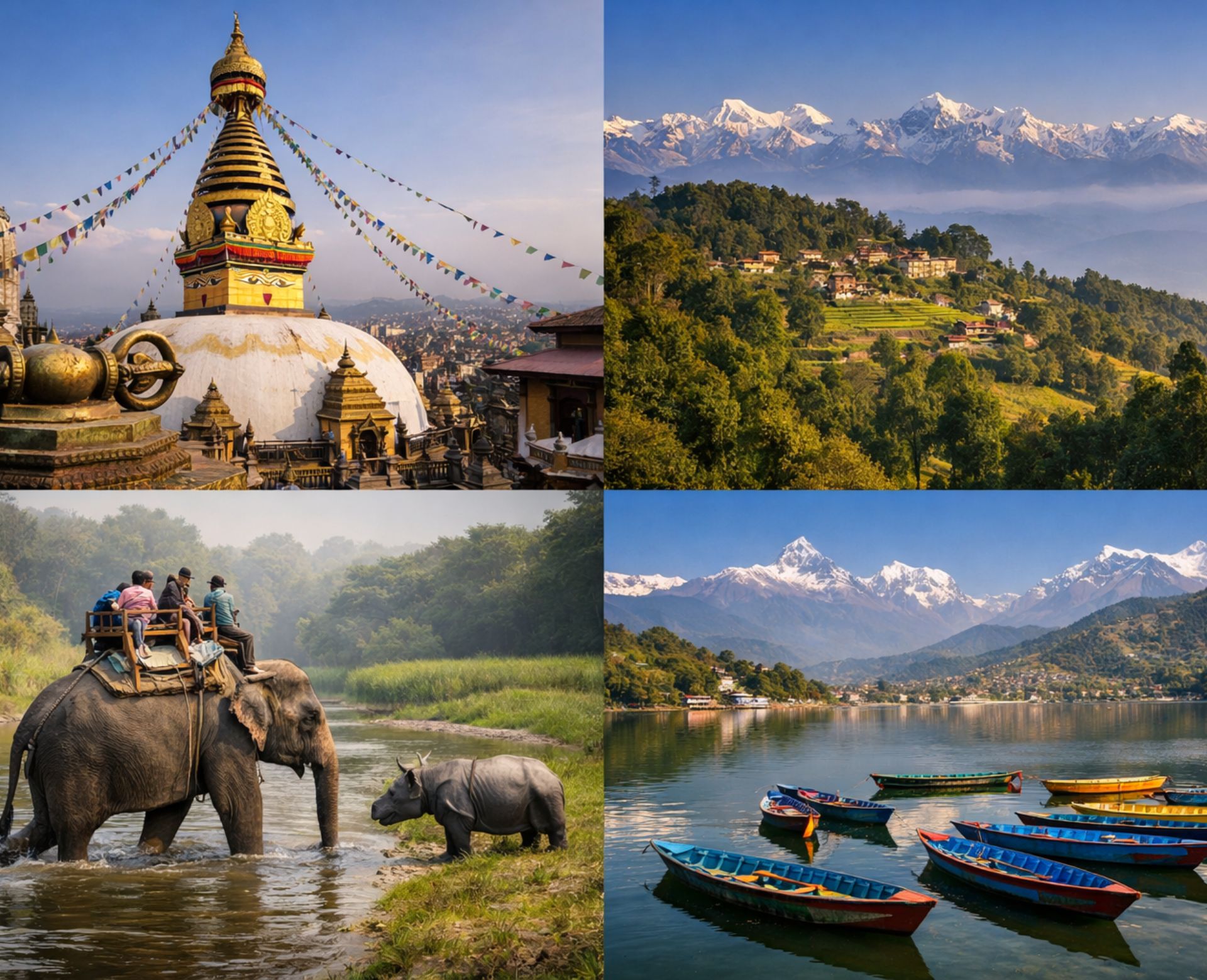 Nepal Golden Route Tour showing Kathmandu heritage, Chitwan wildlife safari, and Pokhara mountain scenery