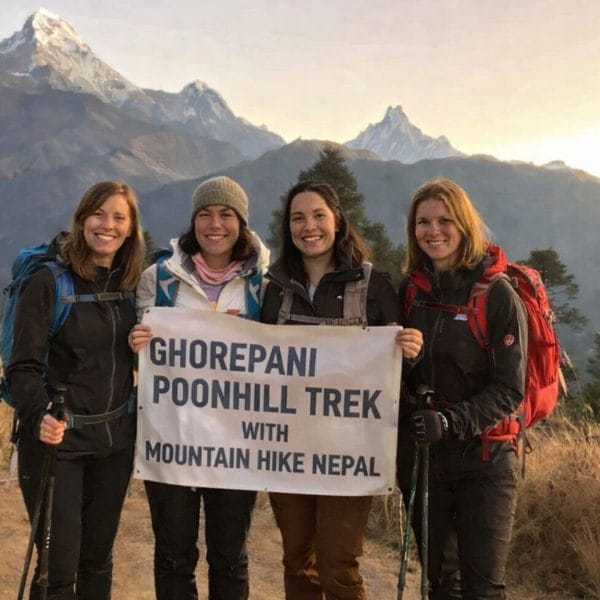 Group of trekkers at Poon Hill viewpoint on the Ghorepani Trek