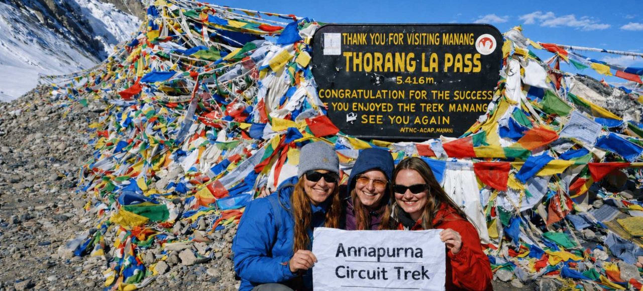 Trekkers at Thorong La Pass on the Annapurna Circuit Trek