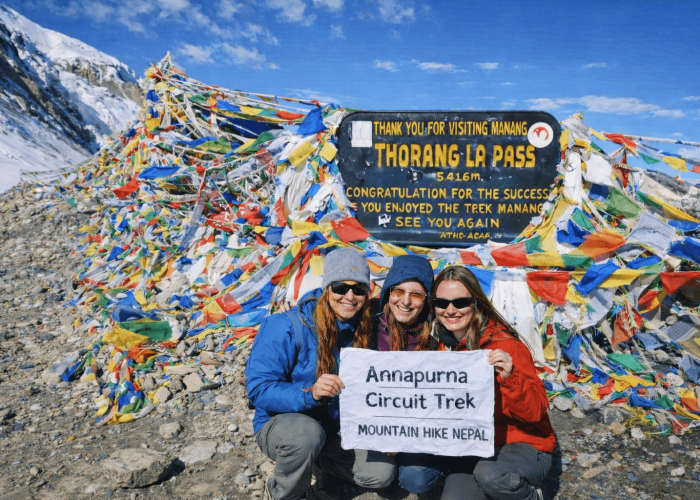 Trekkers at Thorong La Pass on the Annapurna Circuit Trek
