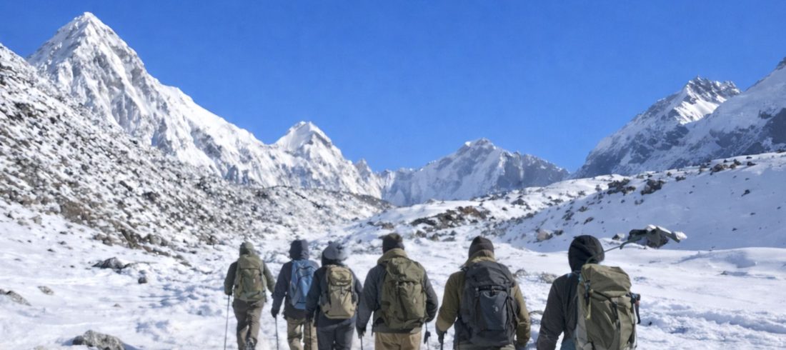trekking in Nepal through the Himalayan mountains during winter
