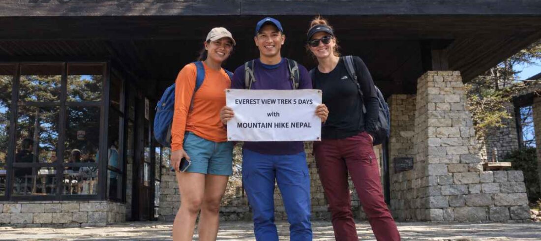 Three trekkers at Hotel Everest View during the Everest View Trek