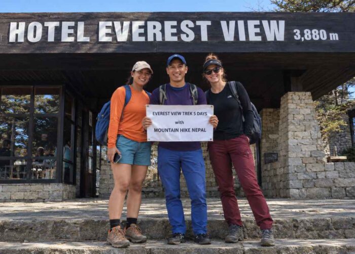 Three trekkers at Hotel Everest View during the Everest View Trek