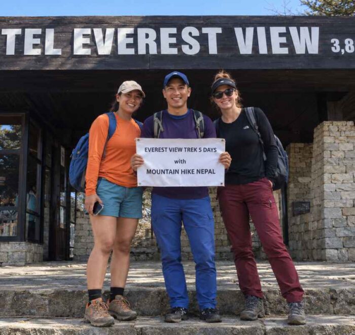 Three trekkers at Hotel Everest View during the Everest View Trek