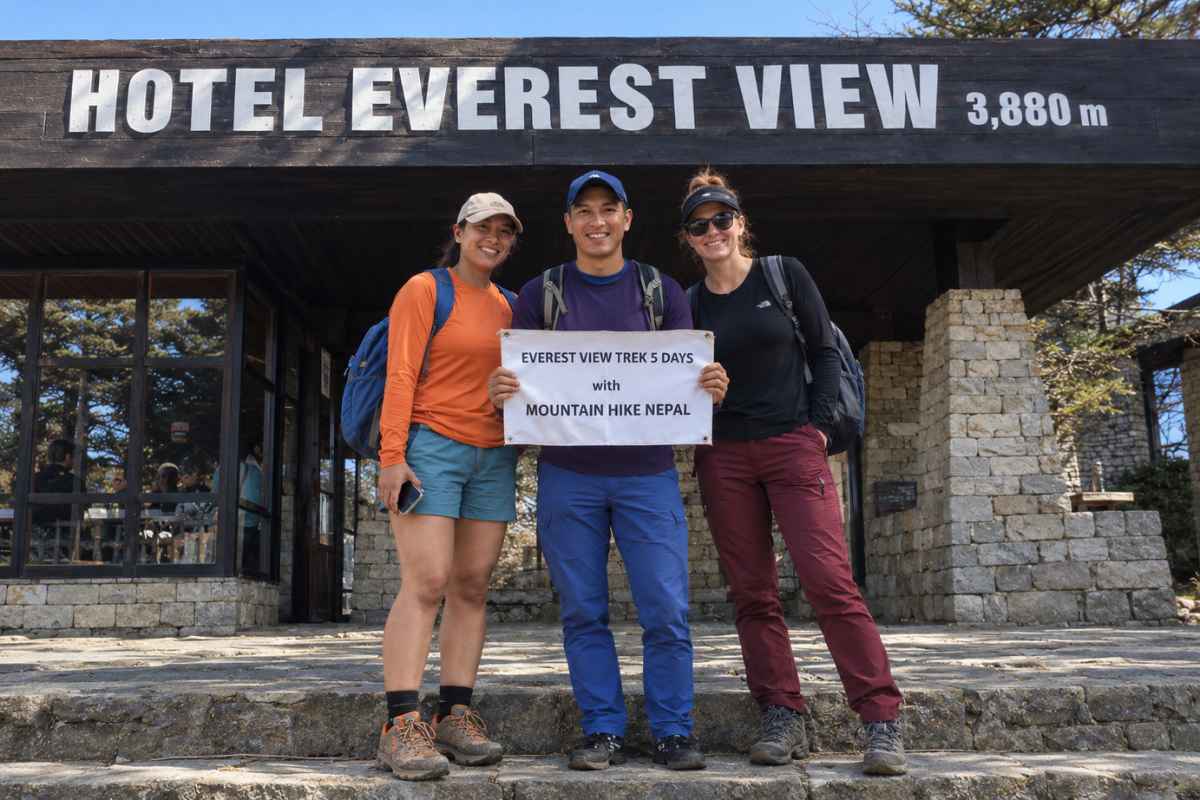 Three trekkers at Hotel Everest View during the Everest View Trek