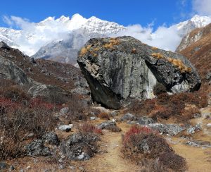 Rocky Himalayan Trail and Mountain View Rocky mountain trail with snow-covered Himalayan peaks in the background