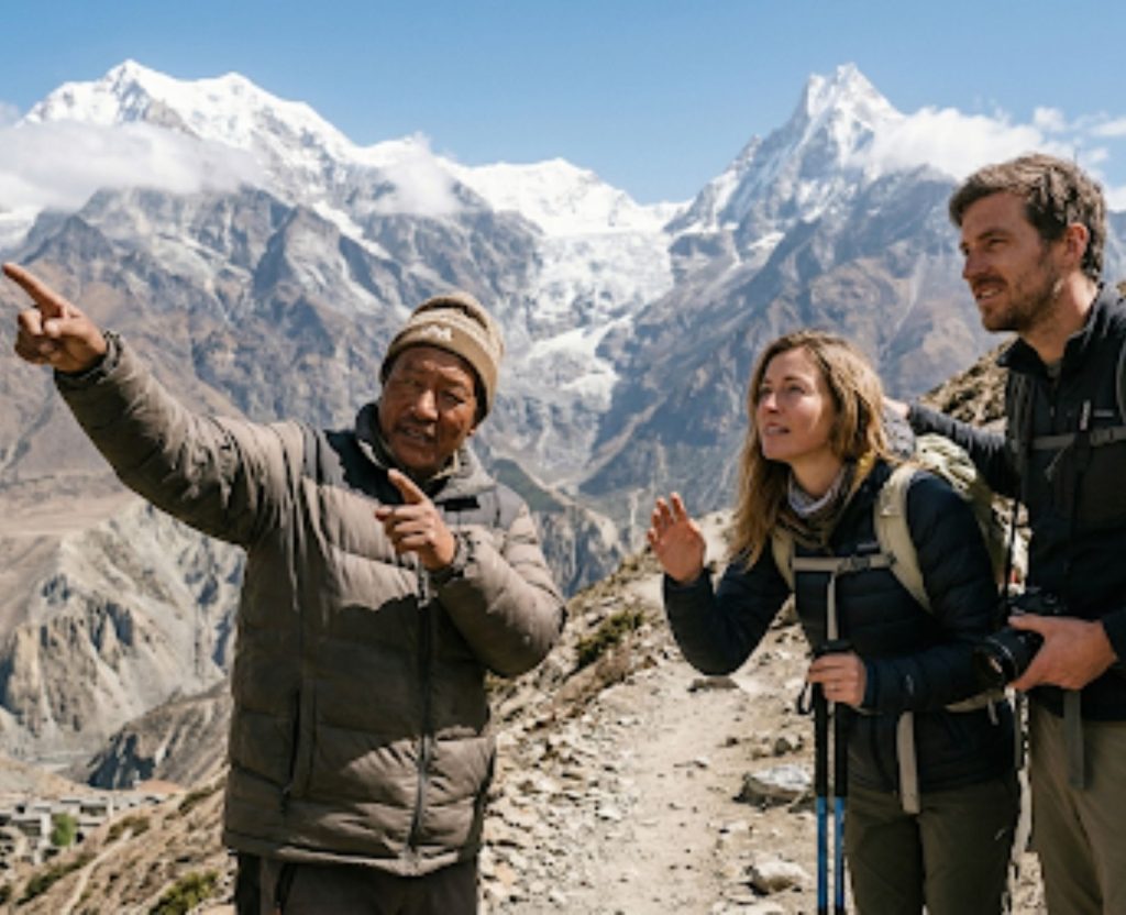 Trekking guide explaining route to trekkers on Annapurna Circuit Nepal