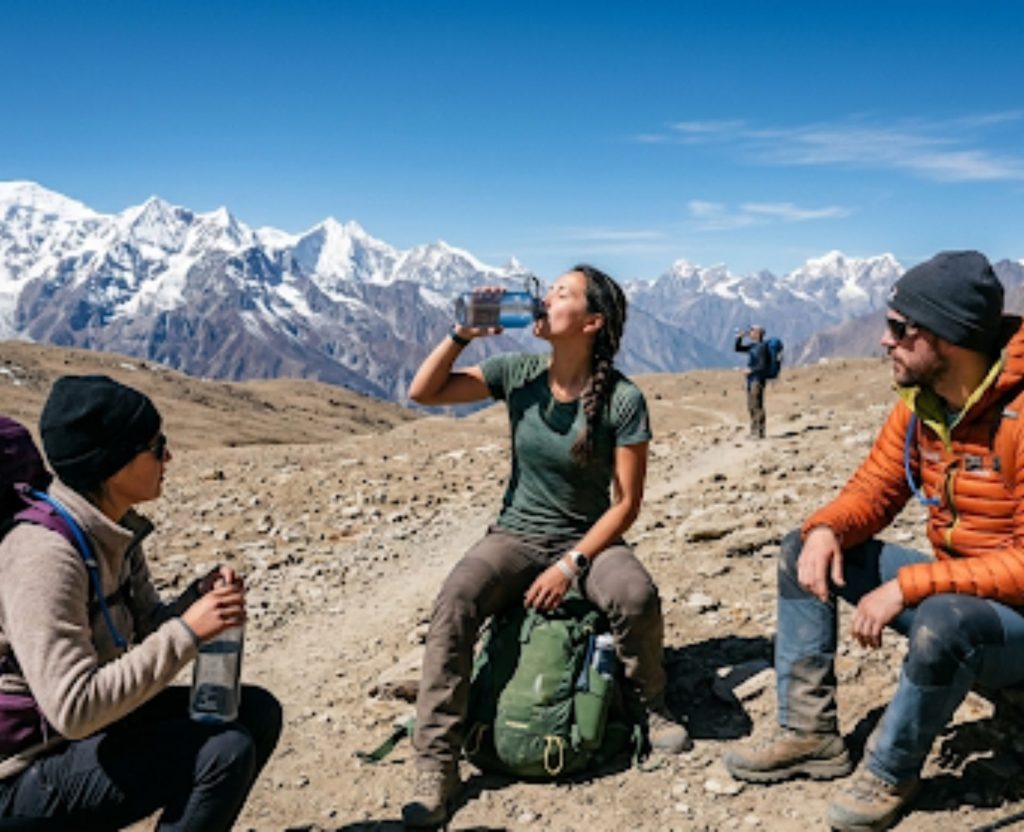 Trekkers drinking water at high altitude on Annapurna Circuit Nepal
