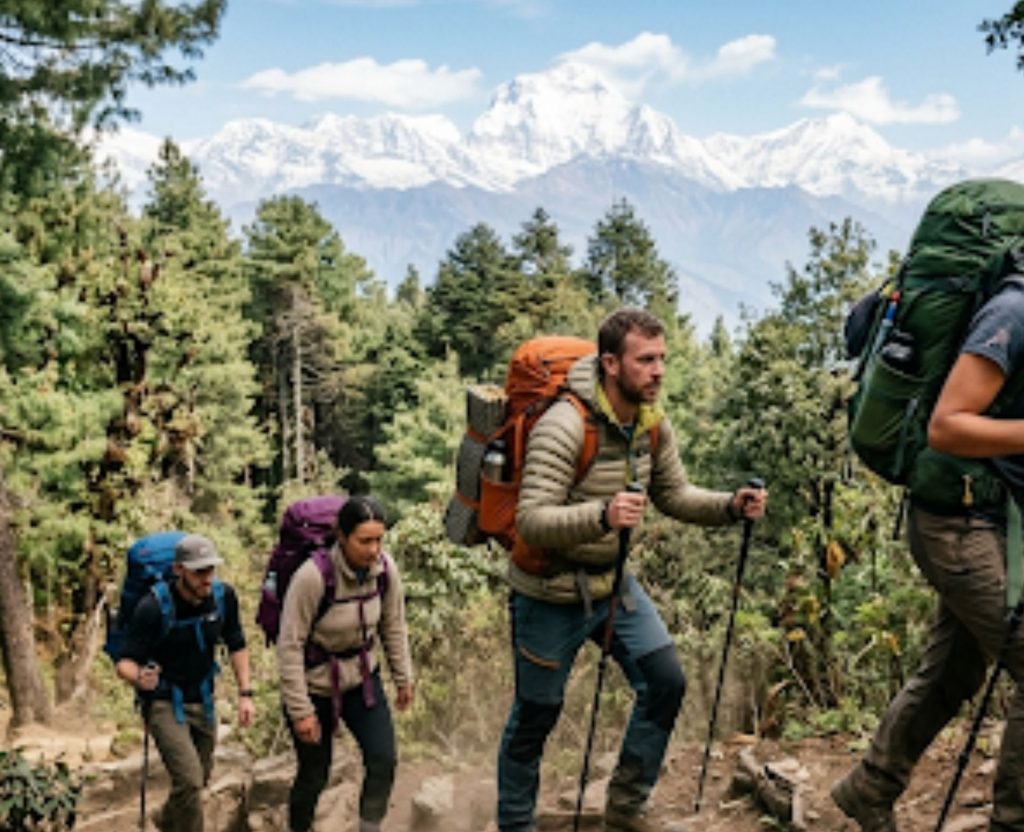Trekkers hiking through forest trail Annapurna region with backpacks