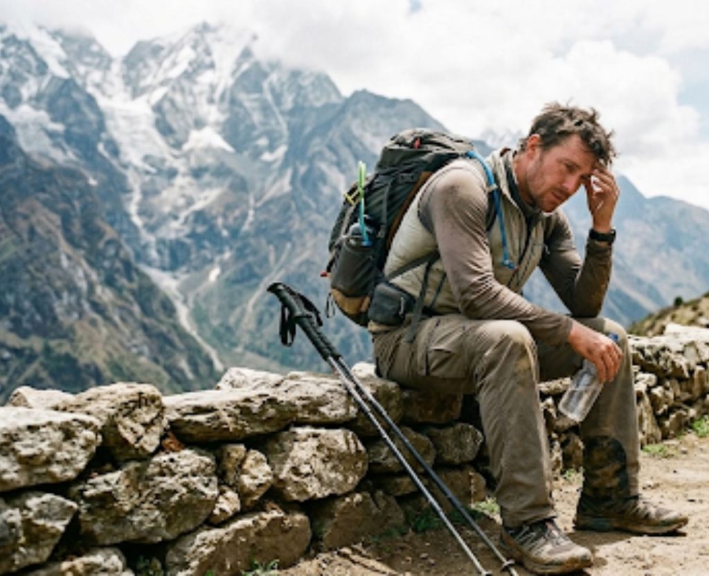 Tired trekker resting on Annapurna Circuit trail at high altitude Nepal