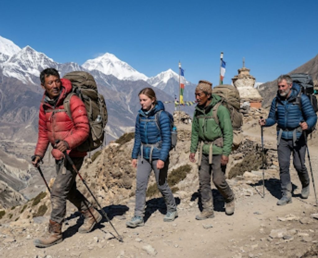 Group of trekkers with guide walking on Annapurna Circuit trail Nepal