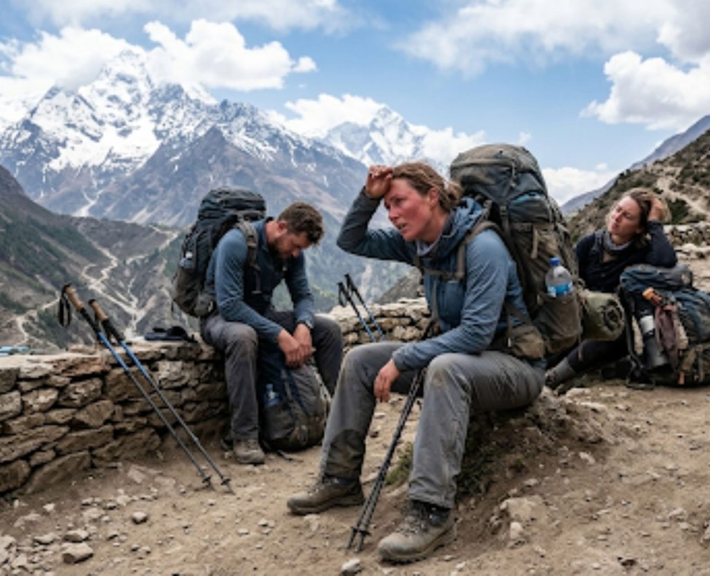 Group of tired trekkers resting on Annapurna Circuit trail Nepal