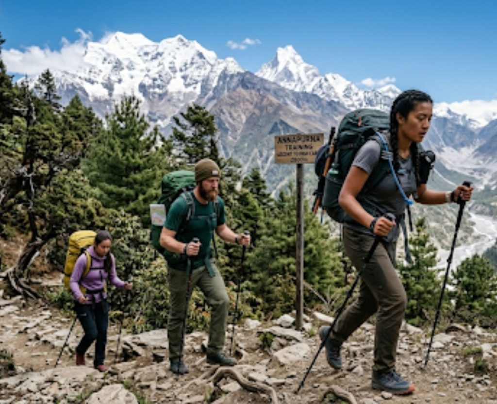 Trekkers hiking uphill on Annapurna Circuit trail with backpacks Nepal
