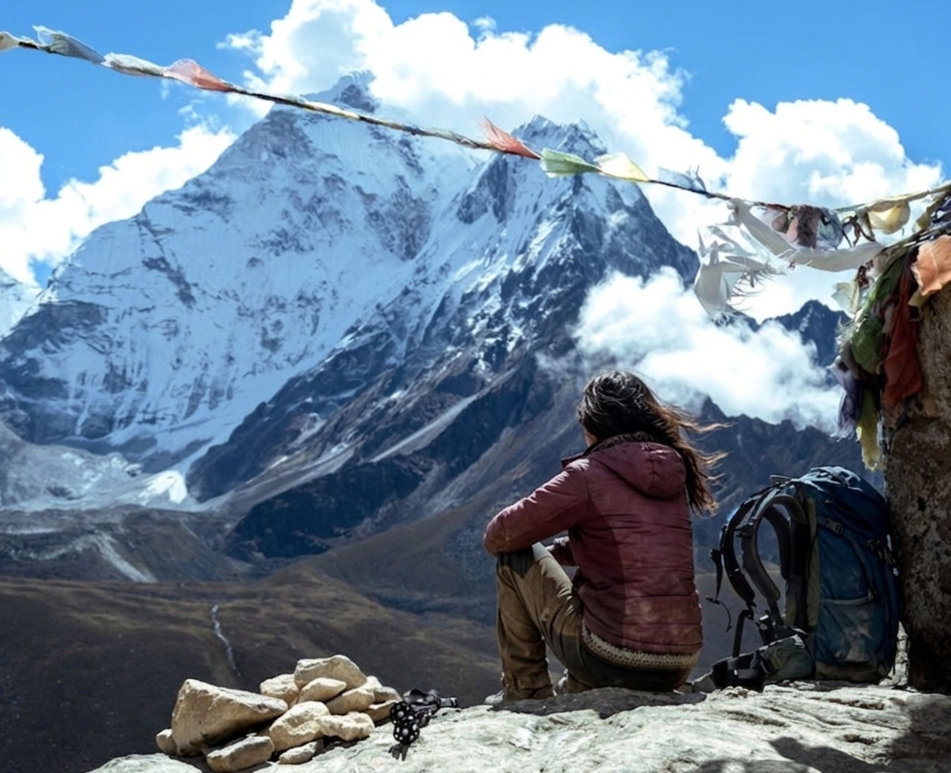 Trekkers enjoying clear mountain views during the best time Everest Base Camp Trek in Nepal with snow-capped Himalayan peaks in the background.