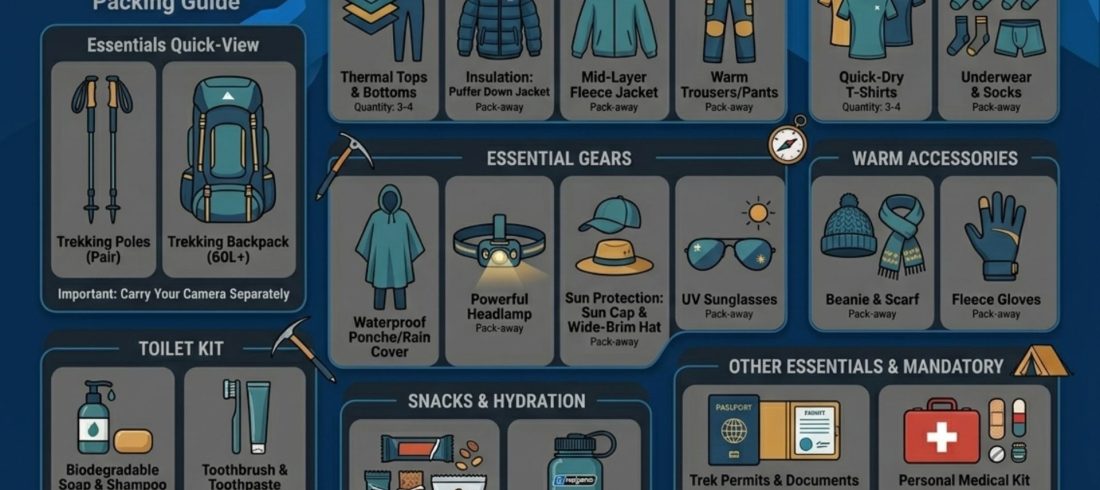 Trekkers in the Everest region wearing cold-weather trekking gear included in a complete Everest Base Camp packing list.