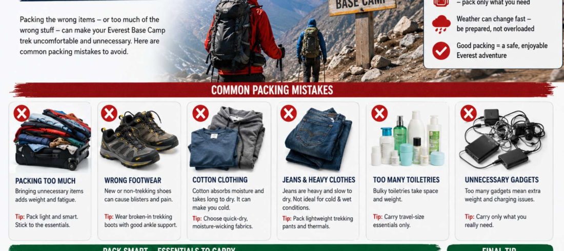 Infographic showing common Everest Base Camp packing mistakes including overpacking, wrong footwear, cotton clothing, heavy gear, and unnecessary items.