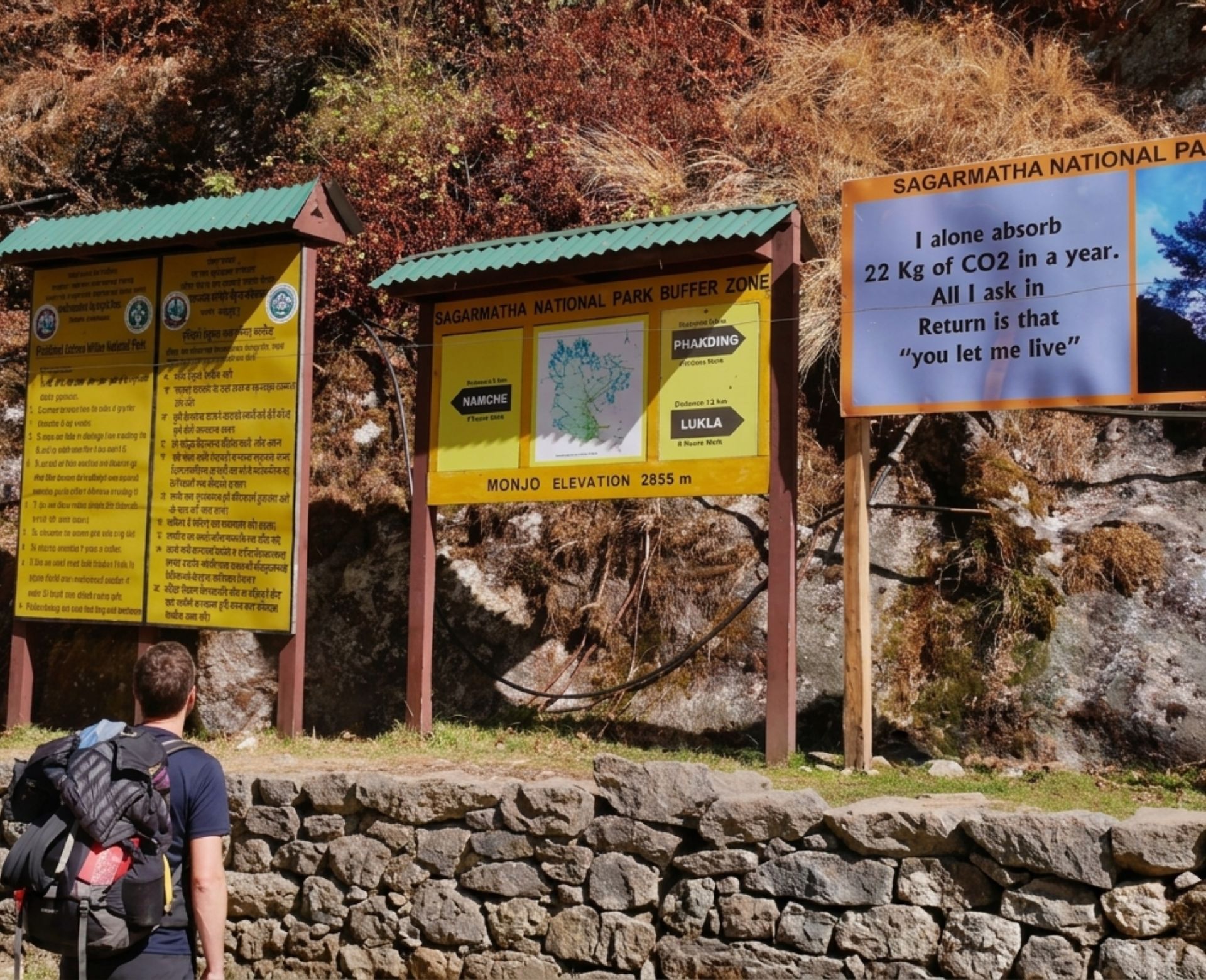 Everest Base Camp permit checkpoint at Monjo — trekkers entering Sagarmatha National Park in the Khumbu region