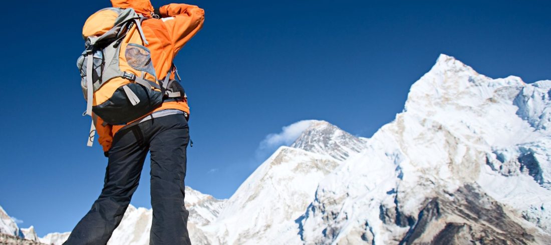 Everest Base Camp trek elevation experience in Nepal Himalayas with trekker view