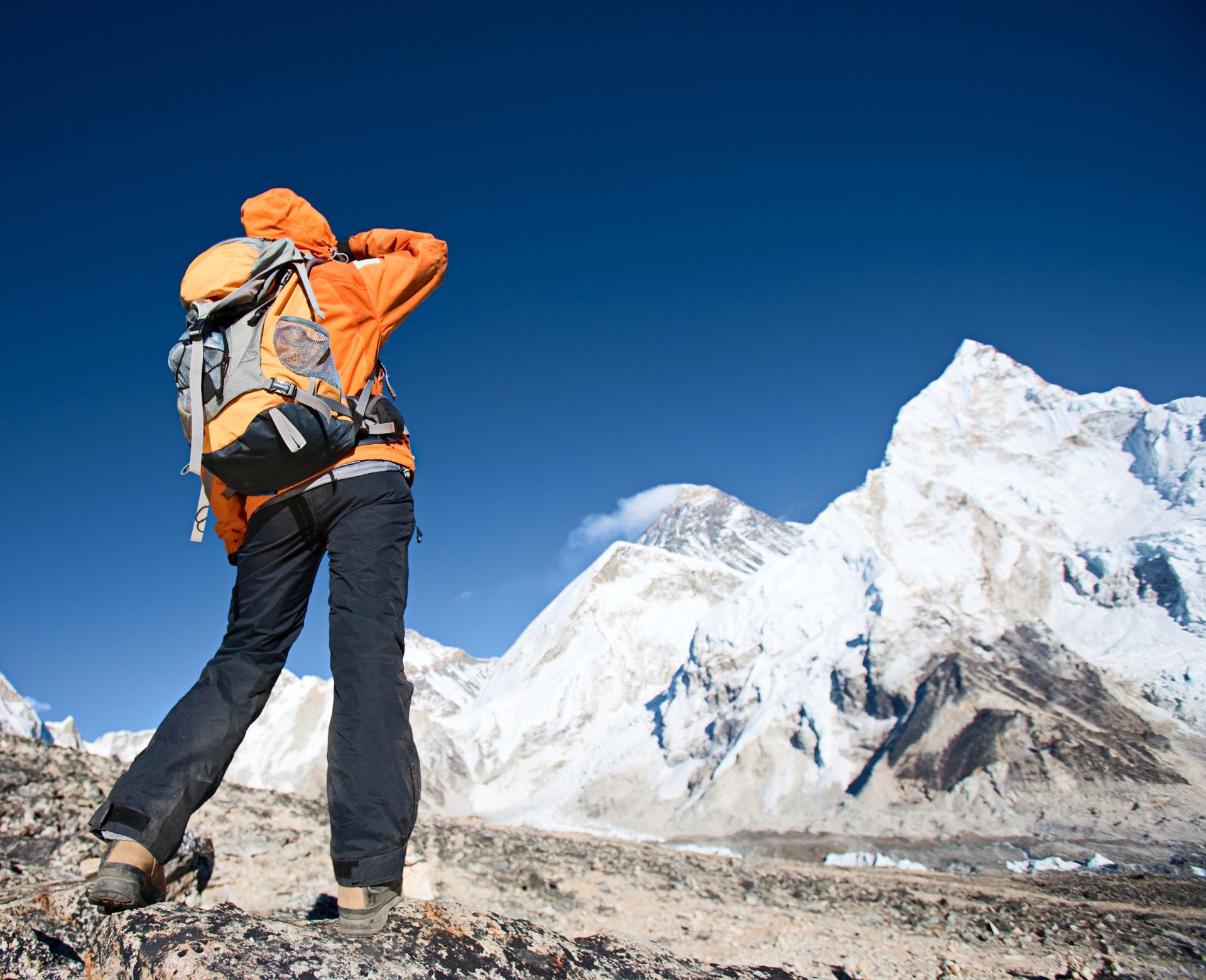 Everest Base Camp trek elevation experience in Nepal Himalayas with trekker view