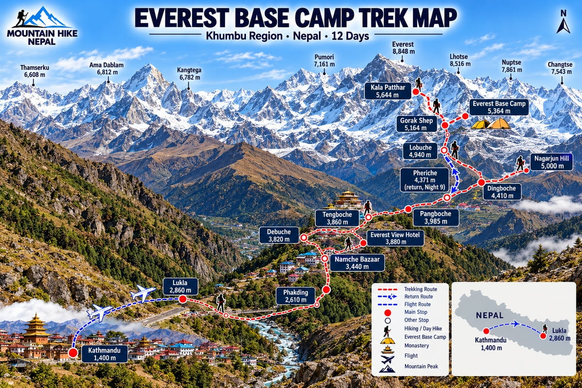 Illustrated map of the 12-day Everest Base Camp trek route from Lukla through Namche Bazaar, Dingboche and Lobuche to Gorak Shep, Base Camp and Kala Patthar, returning via Pheriche