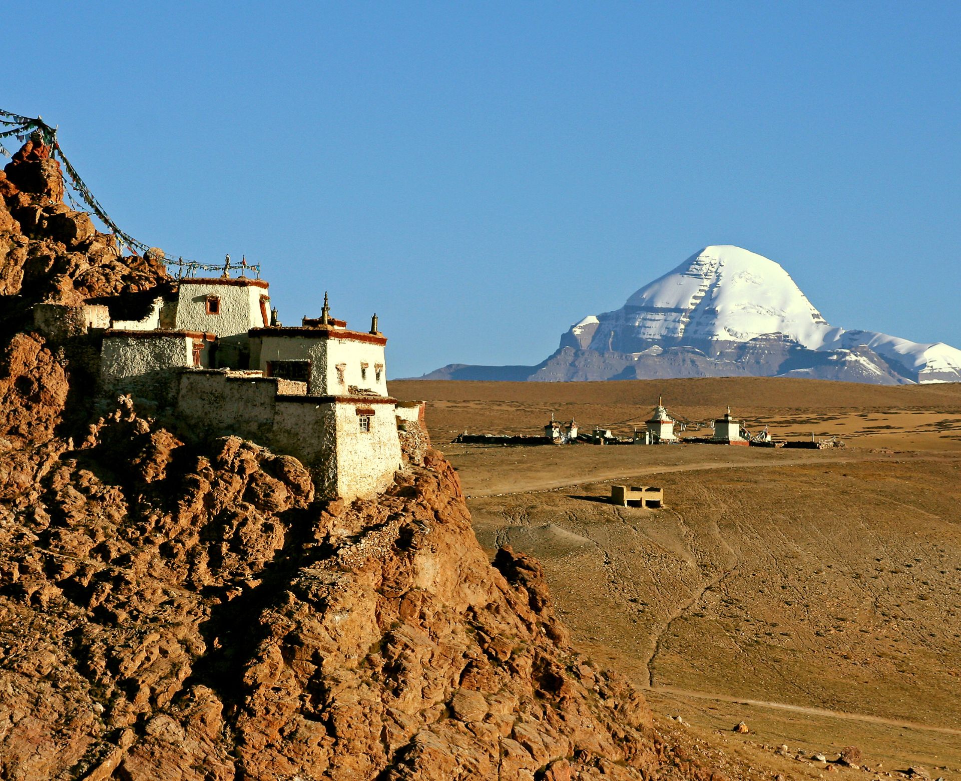 Mount Kailash and monastery during the Kailash Mansarovar Yatra pilgrimage in Tibet