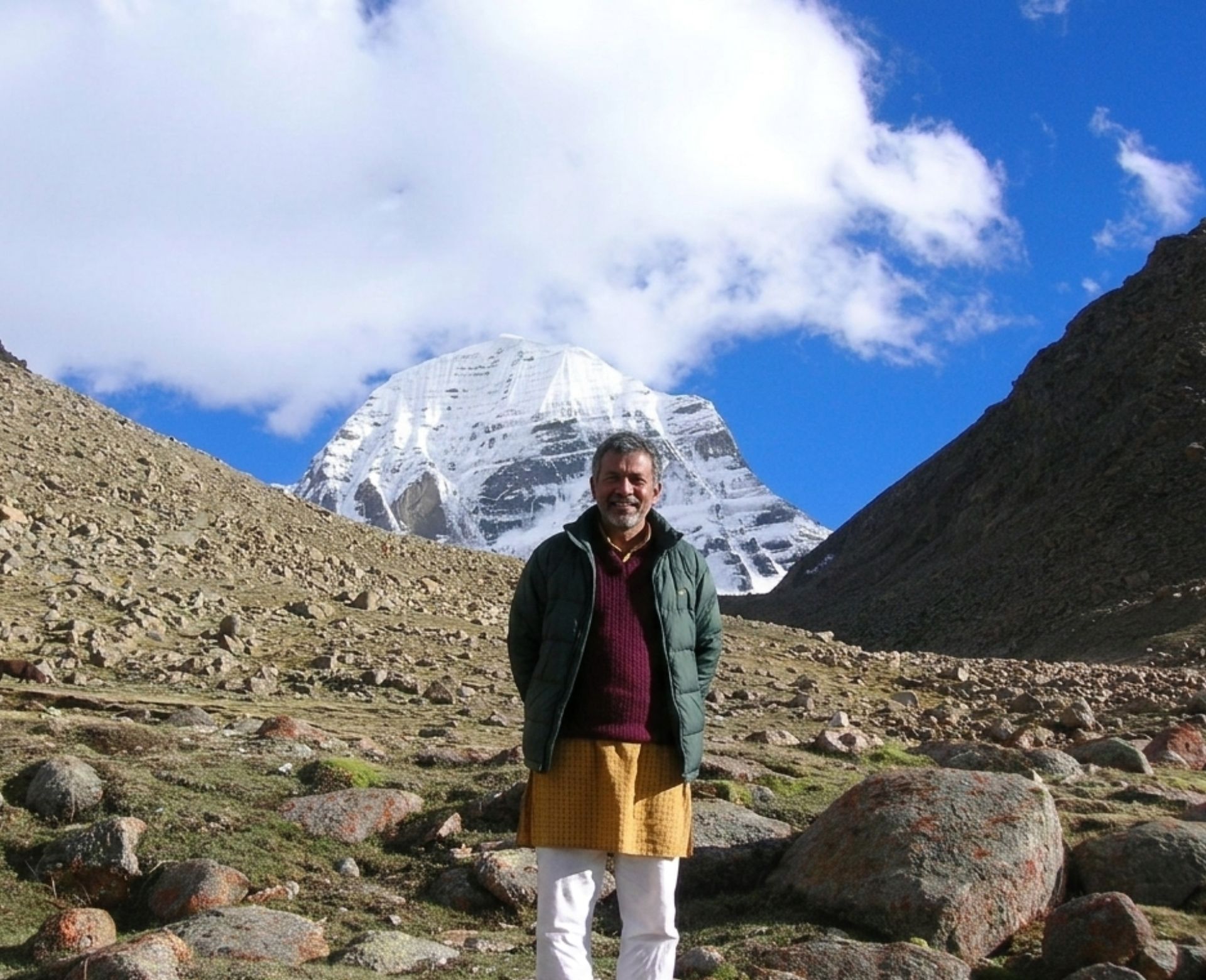 Pilgrim on the Kailash Parikrama Trek with Mount Kailash in the background