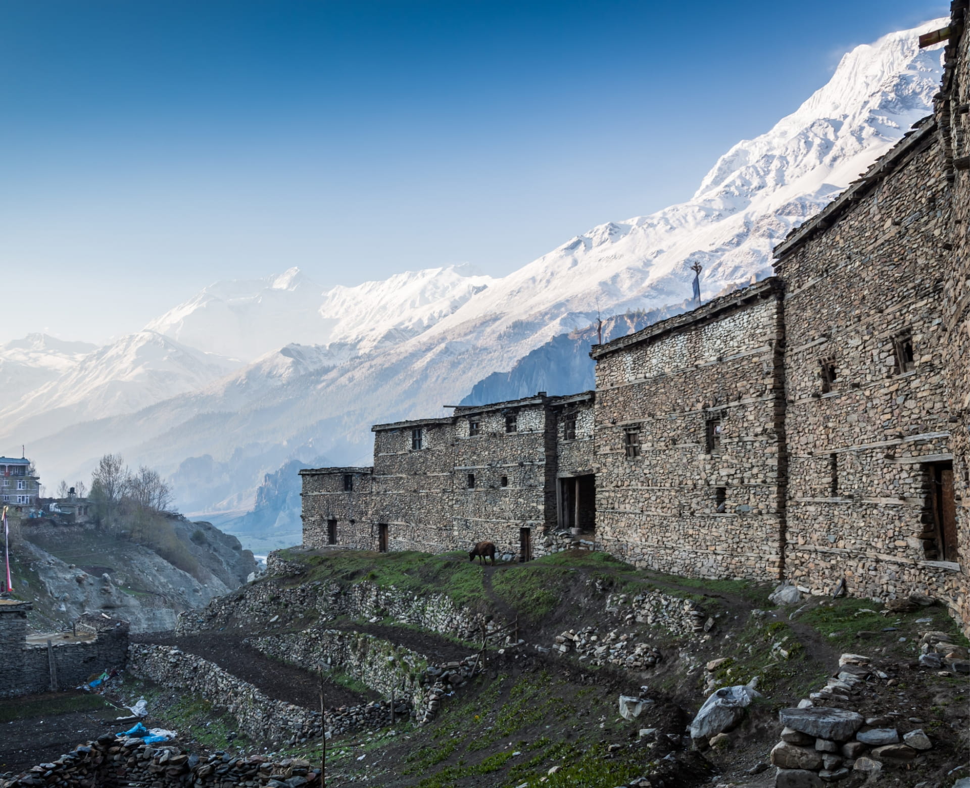 Annapurna Circuit Trek accommodation teahouse in Manang with mountain views