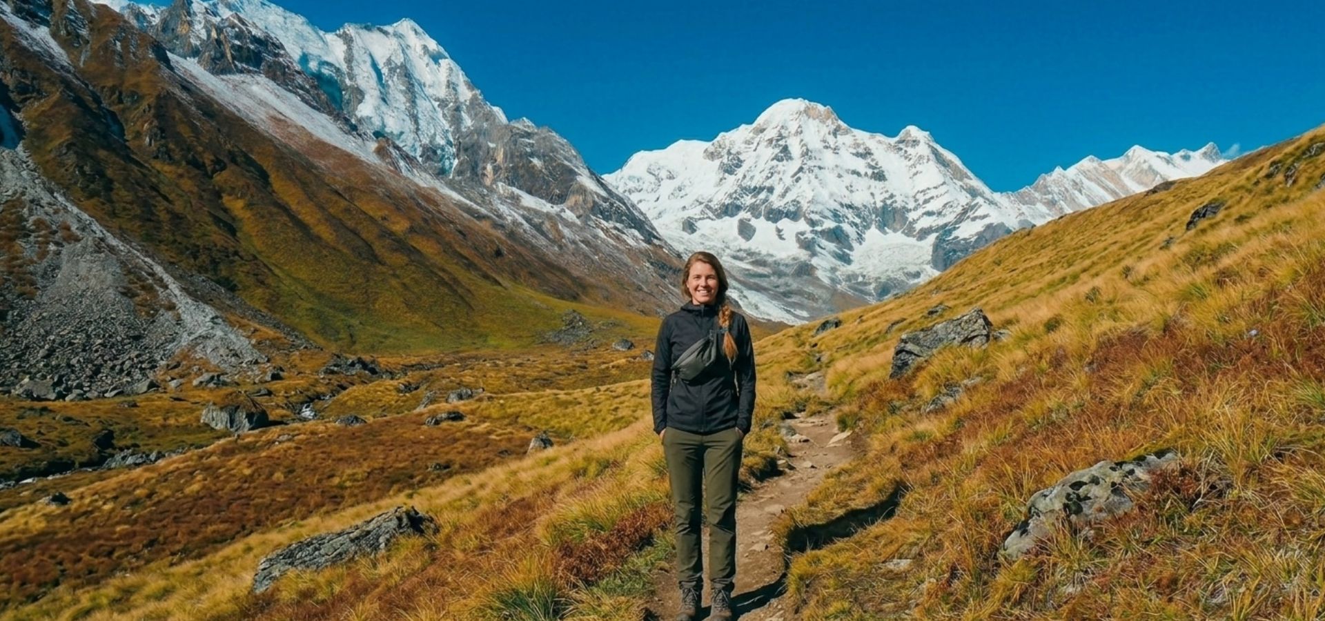 Annapurna Base Camp Trek trail with hiker, alpine valley and snow-capped peaks in Nepal