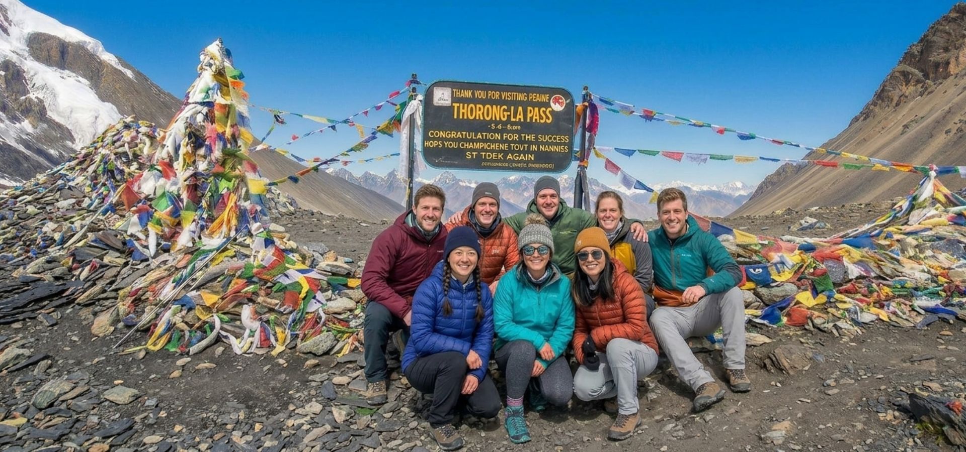 Trekkers at Thorong La Pass 5416m on Annapurna Circuit Trek with prayer flags and Himalayan mountains Nepal