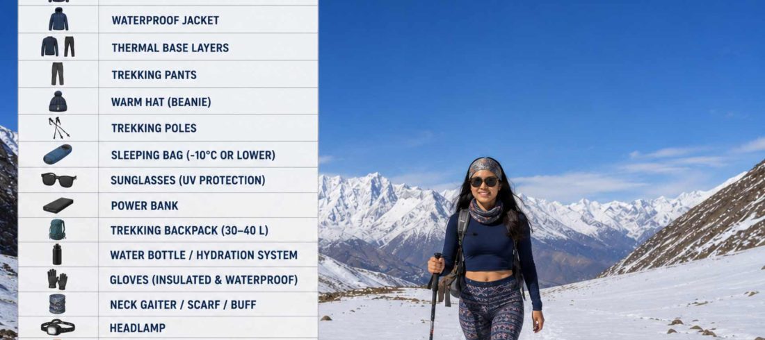 Annapurna Circuit trek packing list infographic showing essential gear and clothing needed for trekking the Annapurna Circuit in Nepal.